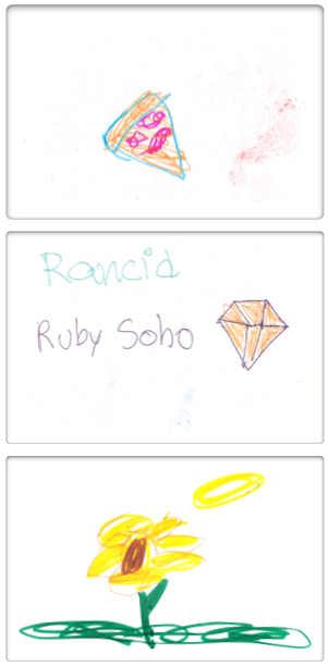 Three CardSongs decorated by a participant family — a pizza, a ruby with a band name, and a yellow flower in a field