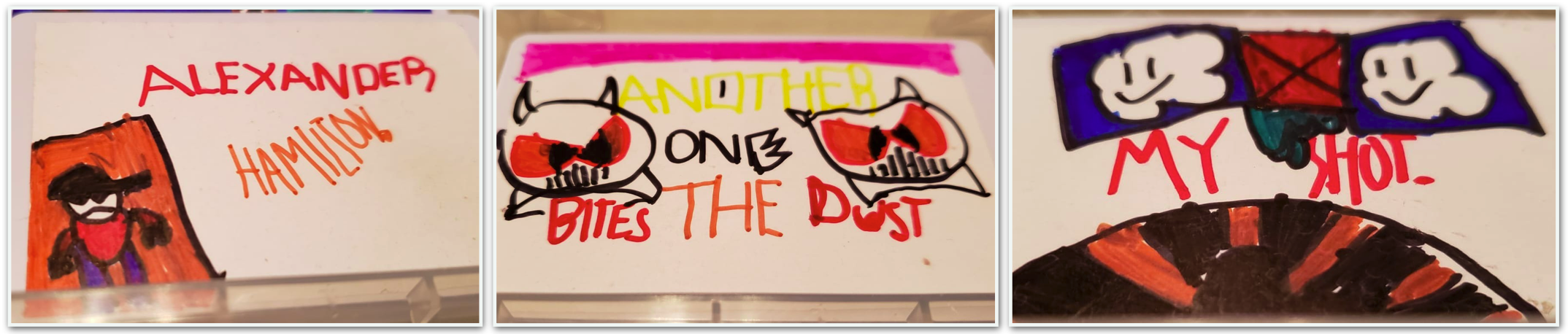 CardSongs from another family featuring Hamilton, Queen, and Eminem alongside hand-drawn illustrations