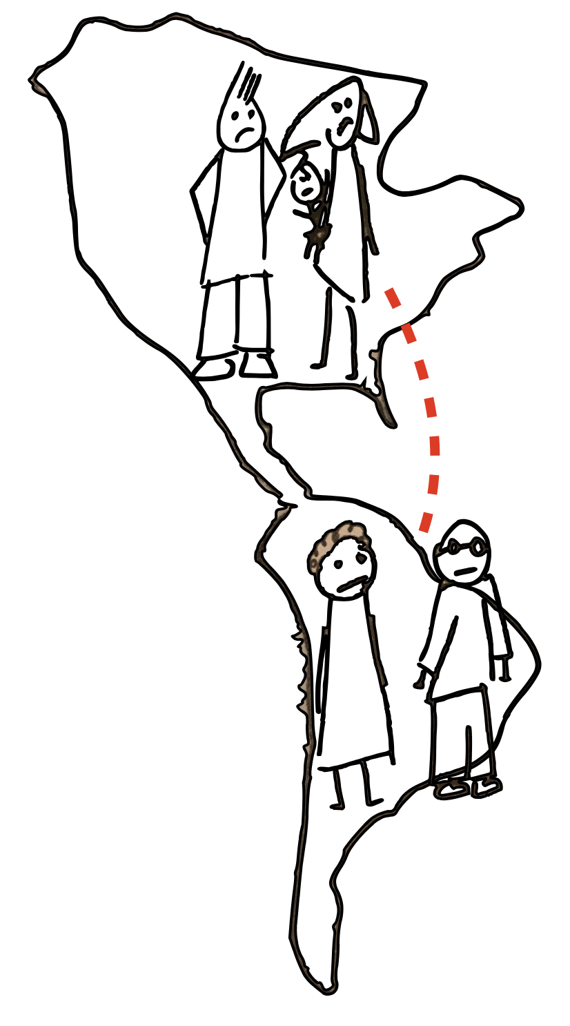 Sketch of a family separated by distance — parents and child in North America, grandparents in South America